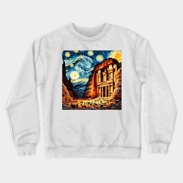 Petra, Jordan, in the style of Vincent van Gogh's Starry Night Crewneck Sweatshirt by CreativeSparkzz